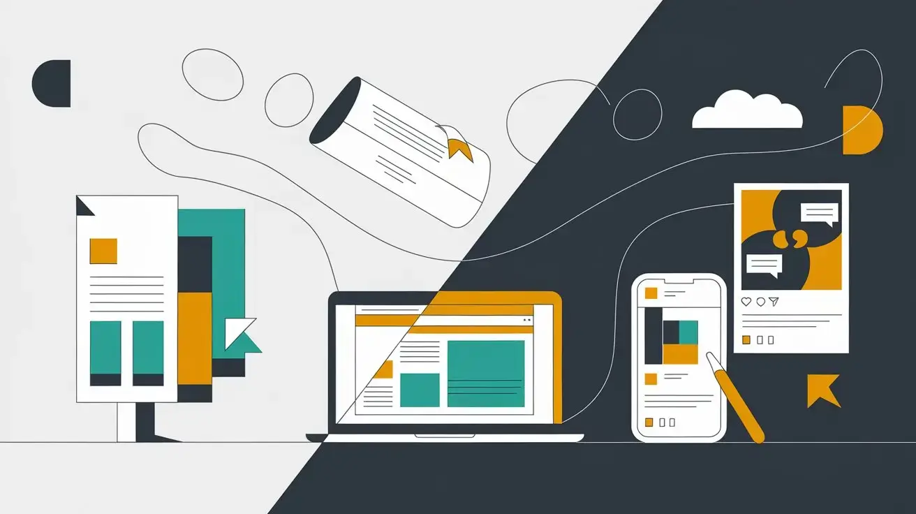 Illustration d’une stratégie de communication combinant supports imprimés et outils digitaux pour petites entreprises.