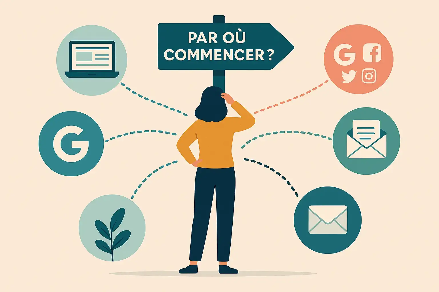 Améliorer sa présence en ligne : choisir les bons outils sans s’éparpiller Illustration représentant une personne hésitant entre plusieurs canaux numériques, avec un panneau “Par où commencer ?”, symbolisant la stratégie web.