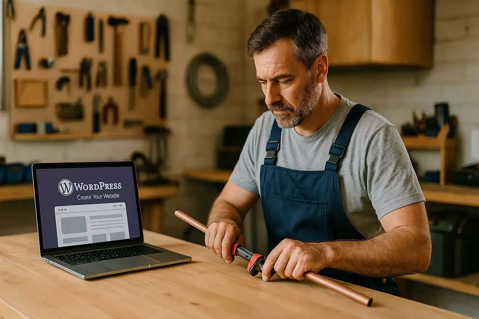 Artisan dans son atelier consultant la page d’accueil de son site internet WordPress sur un ordinateur portable