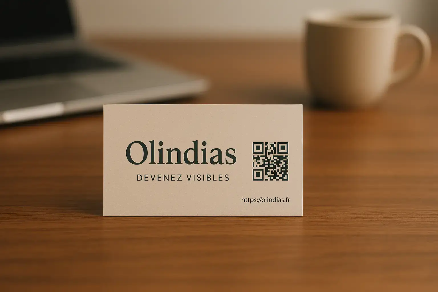 Carte de visite moderne posée sur une table avec QR code visible et design épuré