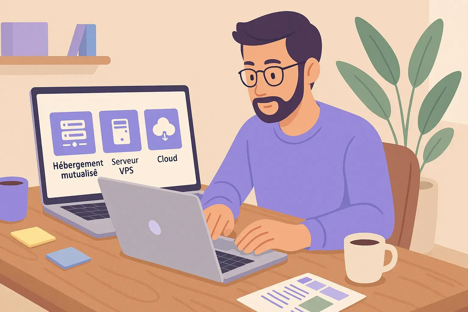 Choisir un hébergement web adapté à son site Illustration montrant un entrepreneur comparant différentes options d’hébergement web pour son site