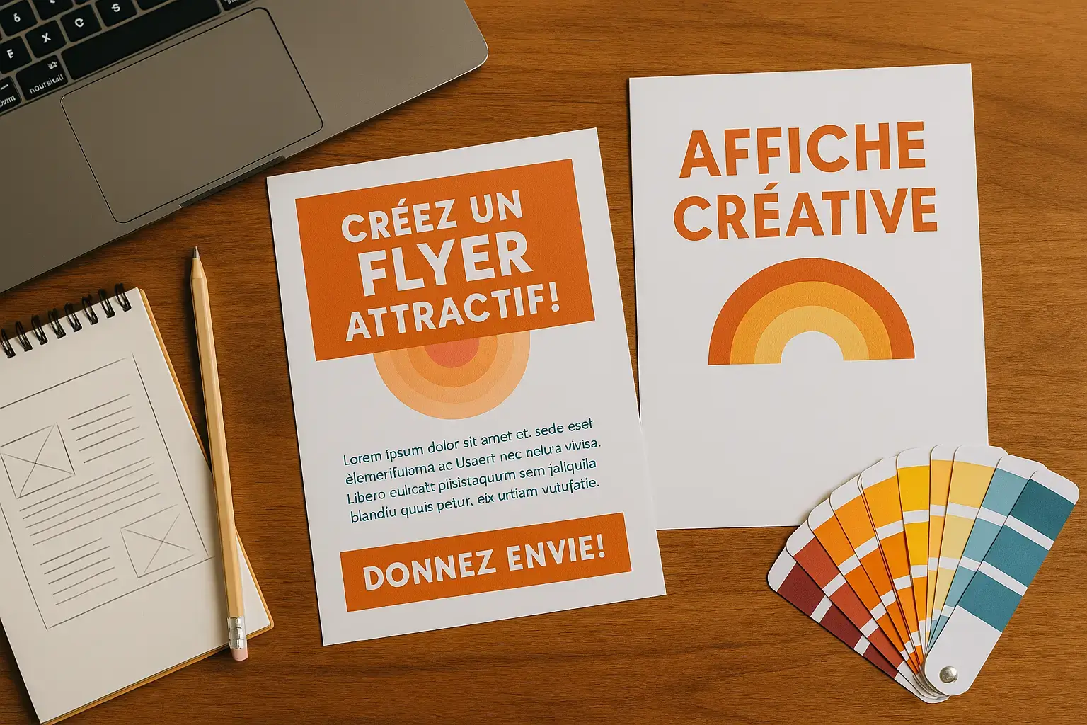 Un flyer imprimé posé sur une table de travail, avec des outils de graphisme autour – identité visuelle OLINDIAS