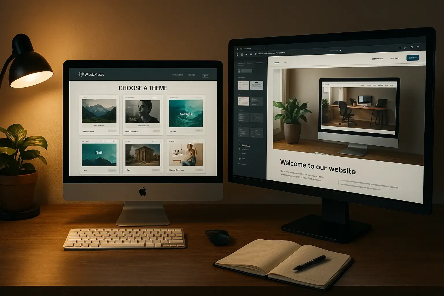 Modèle ou sur-mesure : créer un site adapté à vos besoins Écran d’ordinateur affichant un modèle WordPress à gauche et un site web sur-mesure à droite