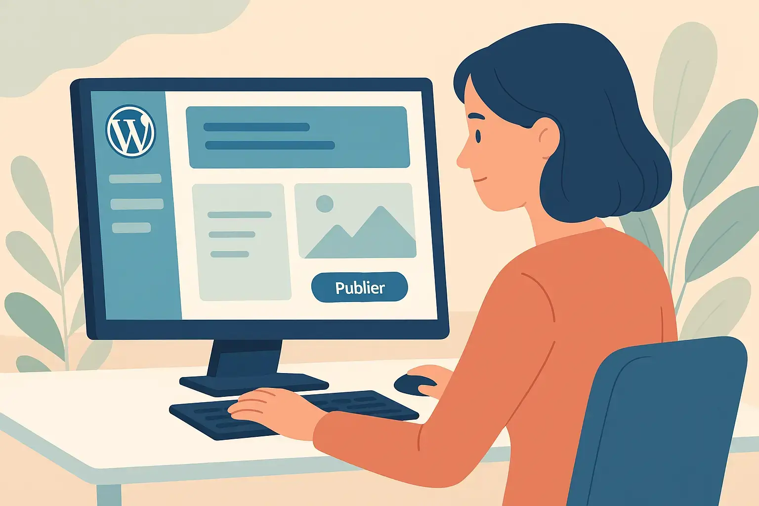 Illustration d’une personne construisant un site WordPress sans coder, symbolisant l’autonomie des petites structures.