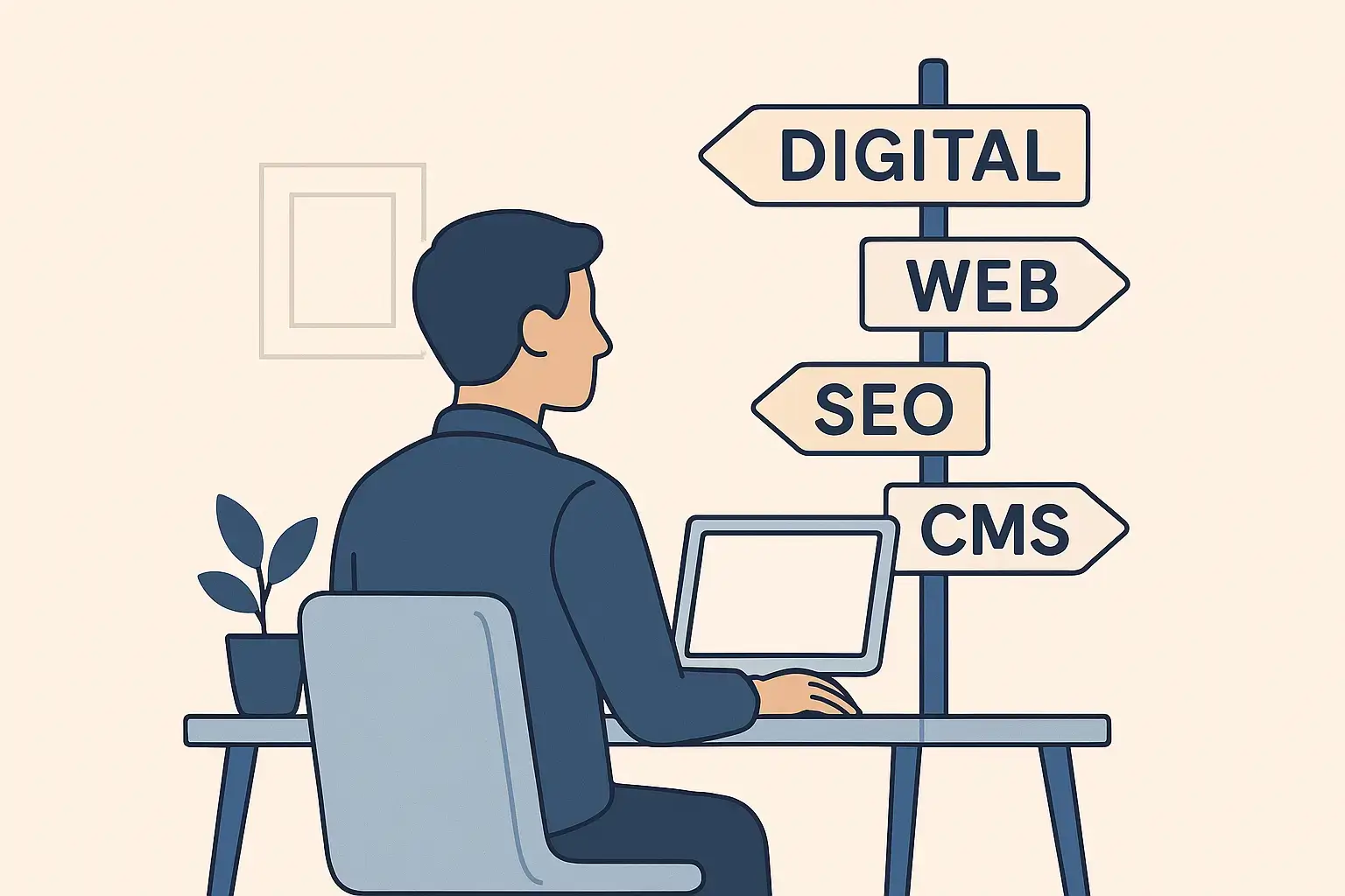 Comprendre le digital, le web et le SEO quand on est une petite structure Illustration d’une personne contemplant les mots “Digital”, “Web”, “SEO” et “CMS”, symbolisant la compréhension du digital pour les petites structures.