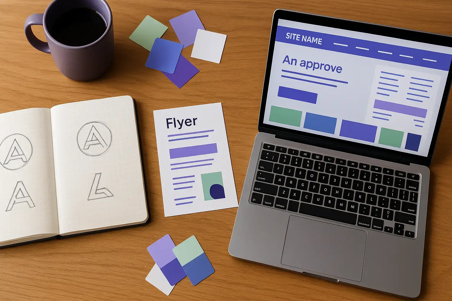 Désordre graphique sur un bureau : croquis de logo, couleurs non coordonnées, visuels incohérents