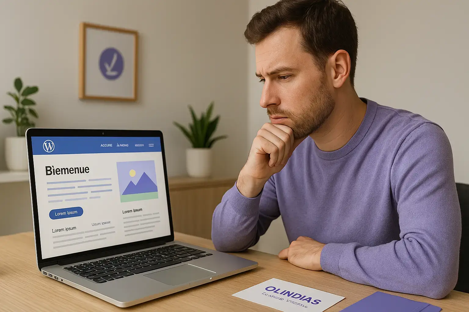 Erreurs fréquentes sur les sites vitrine de petites entreprises Un entrepreneur consulte son site vitrine sur ordinateur dans un espace de travail clair et organisé