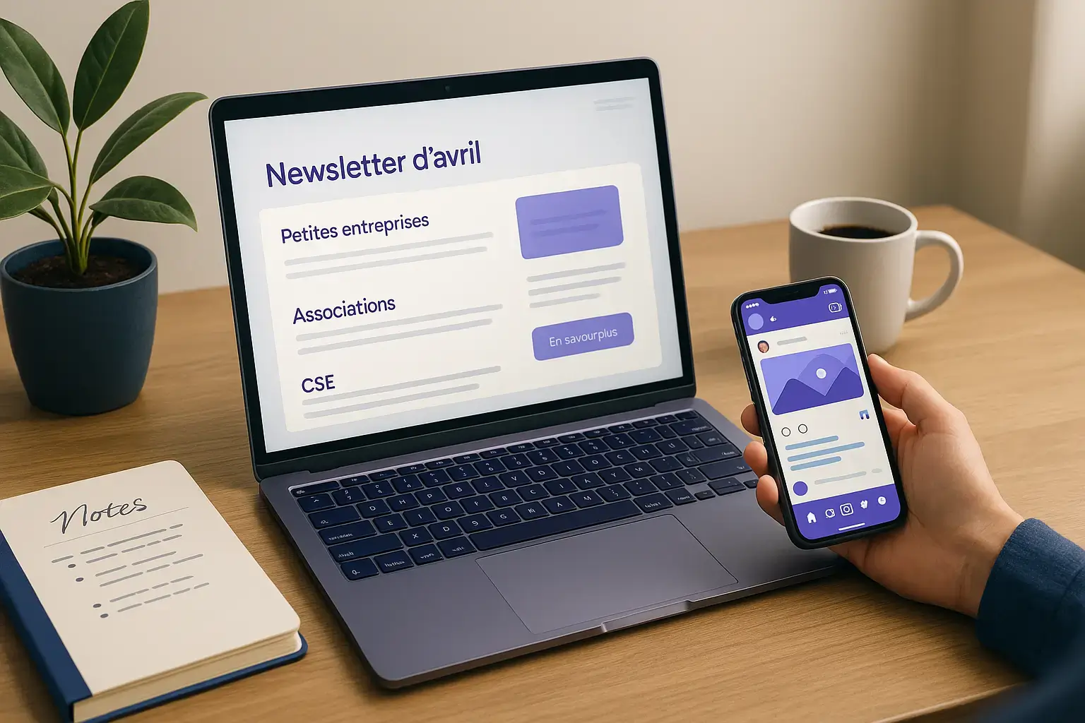 Gérer sa communication entre newsletter et réseaux sociaux Freelance organisant sa communication via newsletter et réseaux sociaux depuis son bureau