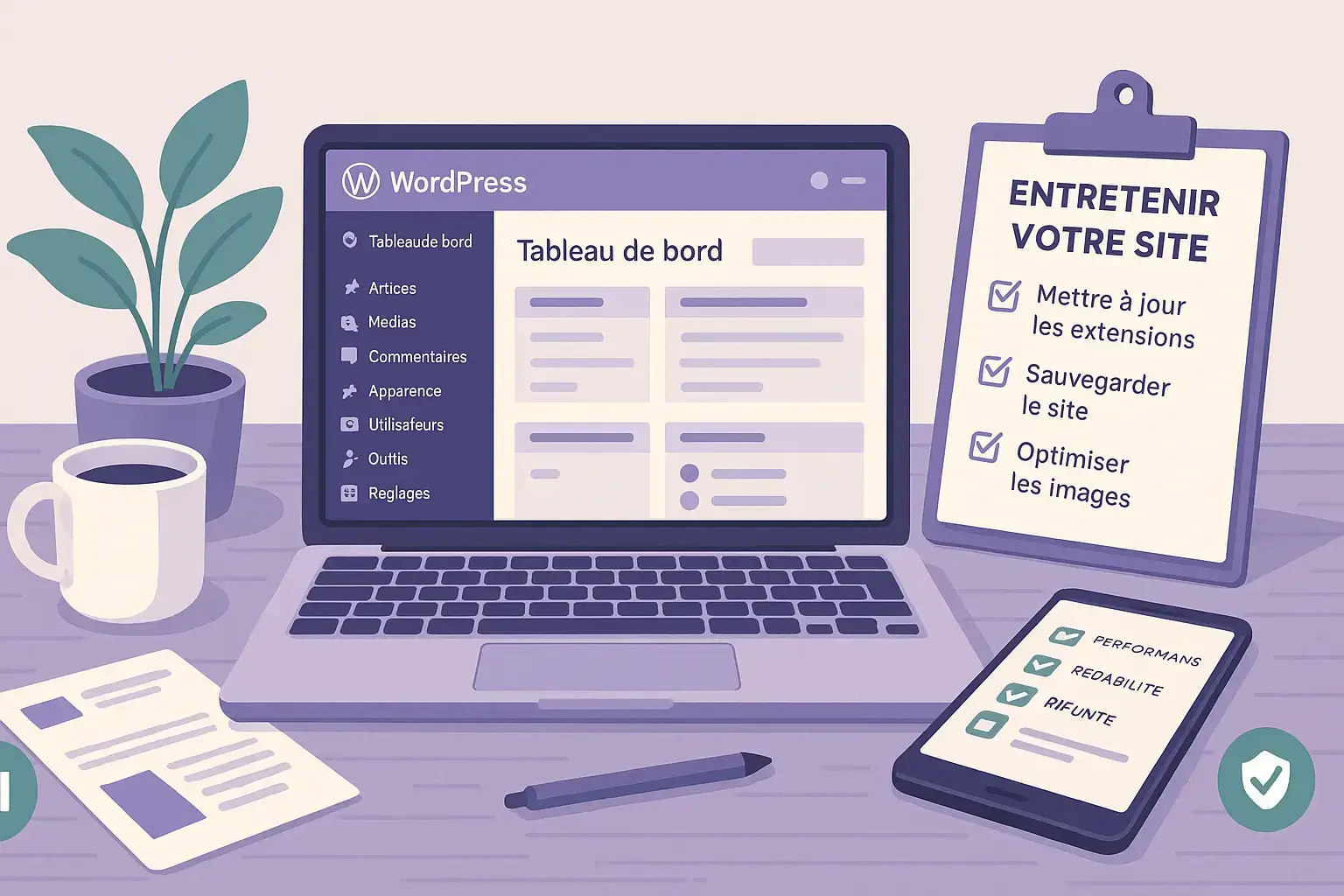 Ordinateur affichant un tableau de bord WordPress avec une liste de vérifications pour la maintenance du site