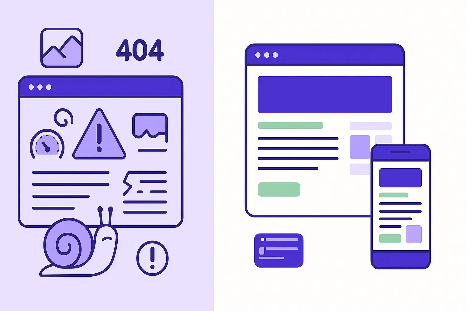 Interface d’un site web surchargé à gauche, version nettoyée et fonctionnelle à droite