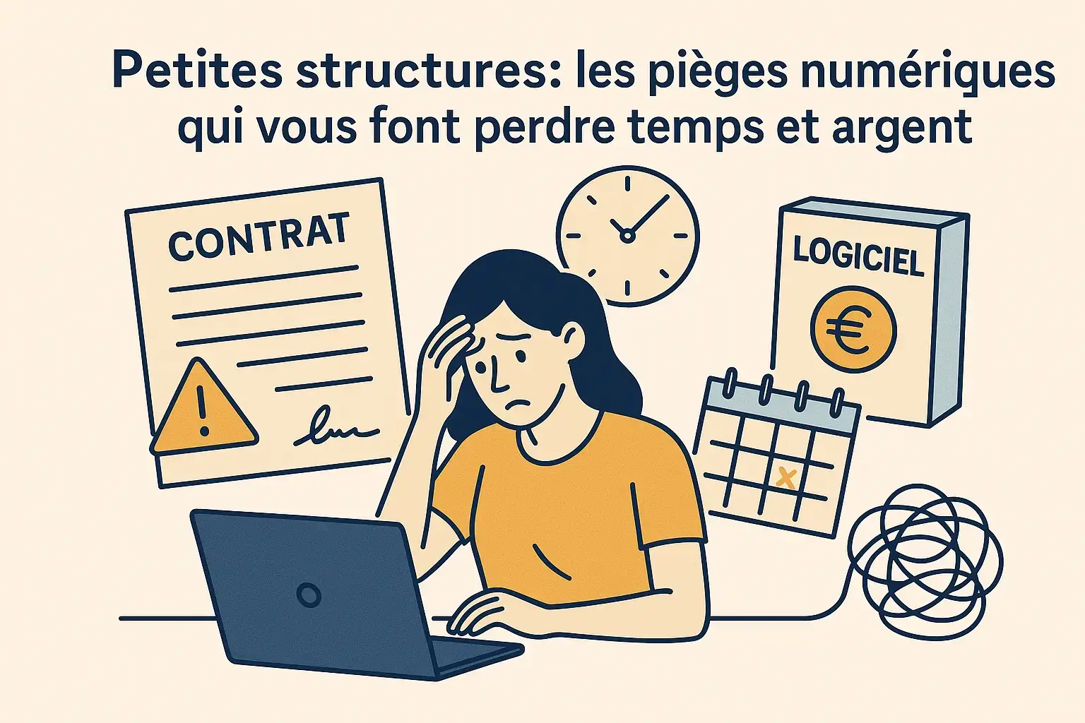 Illustration d’une personne devant plusieurs directions numériques (site, réseaux, outils gratuits), symbolisant les erreurs fréquentes des petites structures.