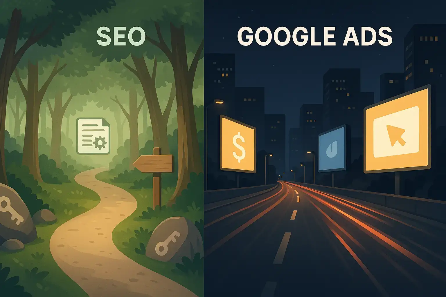 Illustration comparant le SEO (chemin naturel) et Google Ads (route rapide avec panneaux publicitaires), symbolisant deux approches du web.