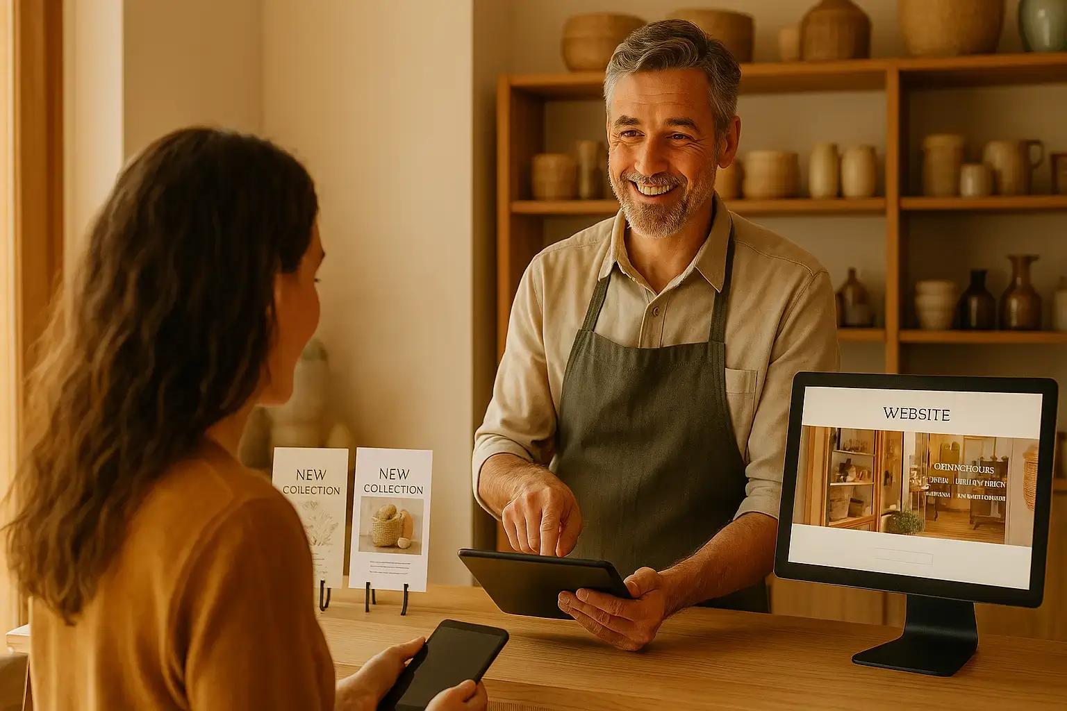 Commerçant local utilisant une tablette pour montrer les horaires sur le site web de sa boutique