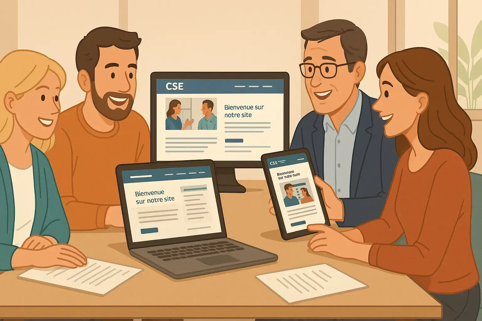 Élus de CSE consultant un site internet sur plusieurs supports dans un bureau
