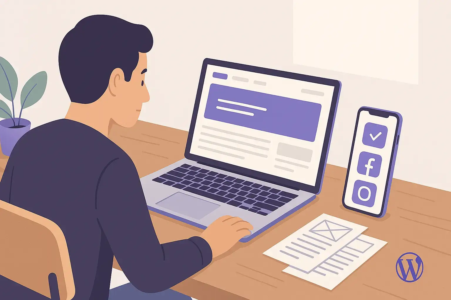 Création d’un site WordPress simple pour auto-entrepreneur Auto-entrepreneur travaillant sur un site WordPress simple et lisible depuis un bureau épuré