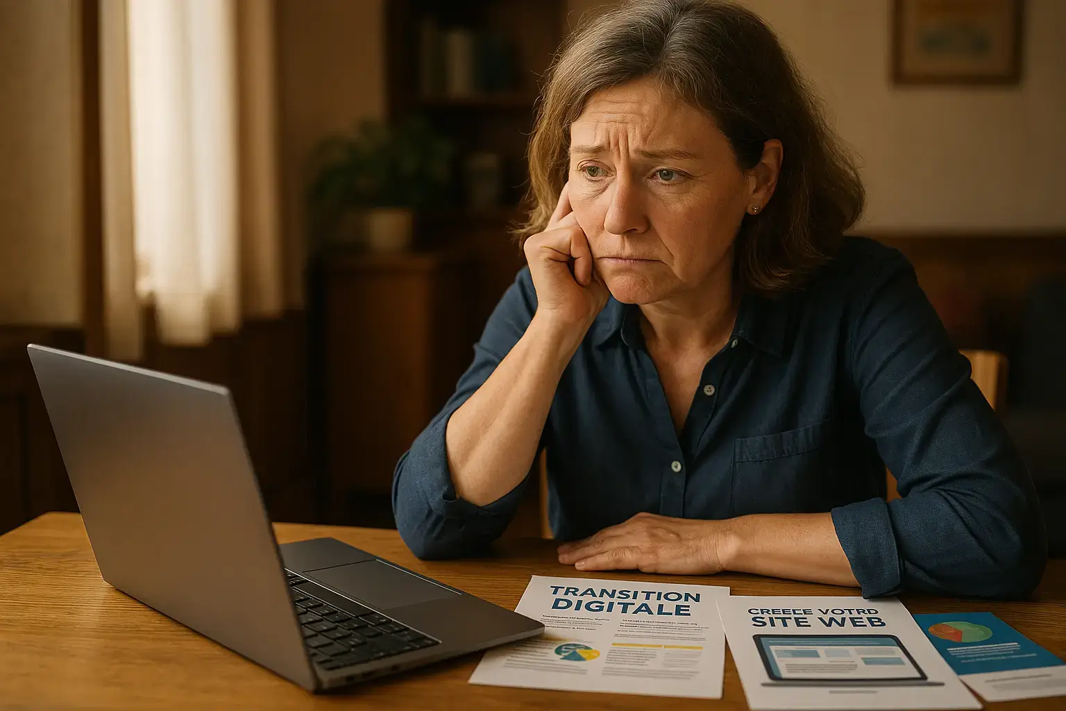Une personne hésitante devant un ordinateur, symbole des doutes liés à la transition numérique