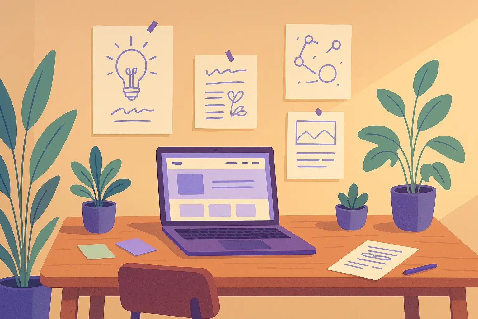 Illustration d’un espace de travail simple et créatif représentant une petite structure dynamique