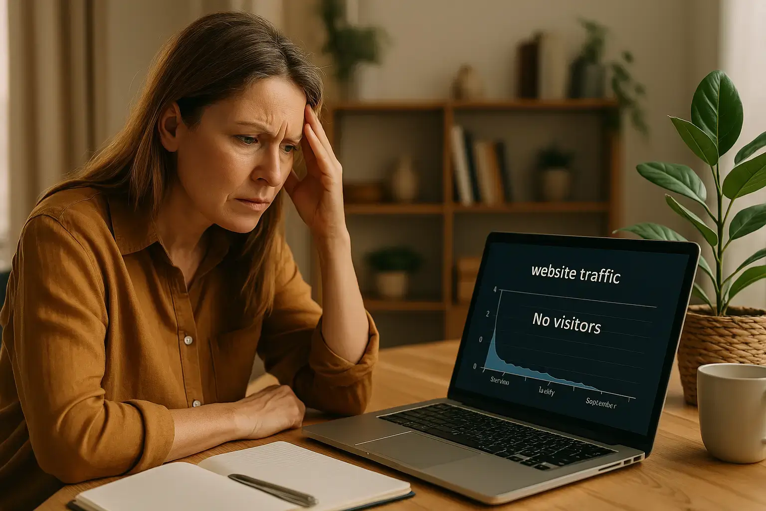 Site web en ligne mais sans visiteurs Professionnel regardant les statistiques d’un site sans trafic sur son ordinateur portable